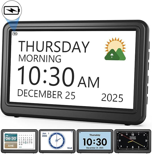 Clock with Day and Date for Elderly Battery Operated, Digital Calendar Clock with 12 Display Modes, 20 Alarms and Medicine Reminders, Dementia Clocks for Seniors, Black (With Rechargeable Battery)