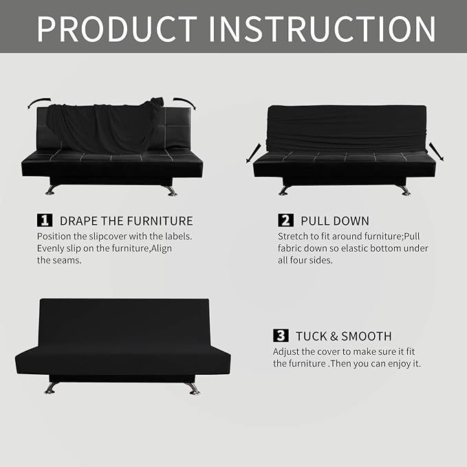 Easy-Going Stretch Futon Slipcover Armless Futon Bed Cover Furniture Protector Without Armrests with Elastic Bottom for Kids, Soft Jacquard Fabric Small Checks (Medium, Black)