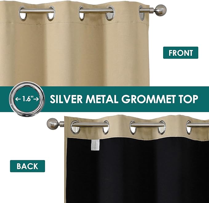ChrisDowa 100% Blackout Curtains for Bedroom with Black Liner, 2 Thick Layers Total Blackout Thermal Insulated Grommet Window Curtains 2 Panels Set (Beige, 52 x 54 Inch)
