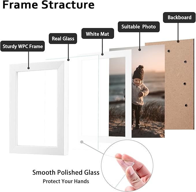 KINLINK 5x7 Picture Frame White Set of 6, Wooden Photo Frames Matted 4x6 with Plexiglass for 4x6 with Mat or 5x7 without Mat for Table and Wall Display