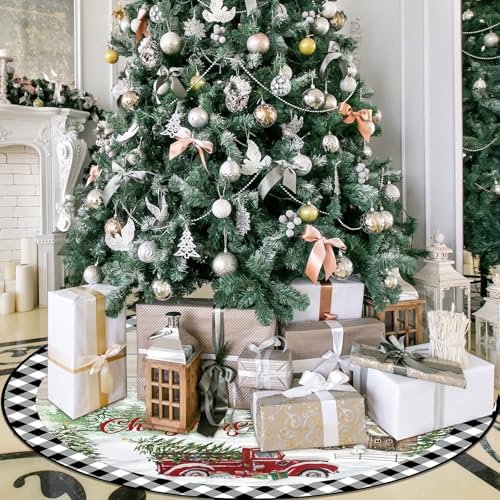Blosssound Christmas Tree Skirt Buffalo Plaid Retro Red Truck Xmas Tree Skirt for Winter Holiday Farmhouse Christmas Party Decoration(48 Inch,Truck,Black White) - Image 4
