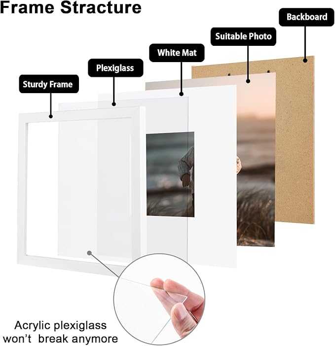 KINLINK 6x8 Picture Frame White Set of 6, Wooden Photo Frames Matted 4x6 with Plexiglass for 4x6 with Mat or 6x8 without Mat for Table and Wall Display