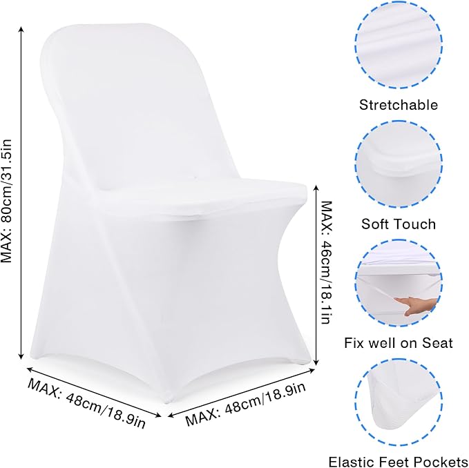 Fixwal 55 Pcs White Folding Chair Cover, Spandex Stretch Covers Ideal for Wedding, Party, Dining, Business Meeting, Banquet, Universal Fitted Washable Slipcover