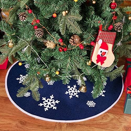 30 Inch Burlap Christmas Tree Skirt with White Snowflakes, Dark Blue - Image 6