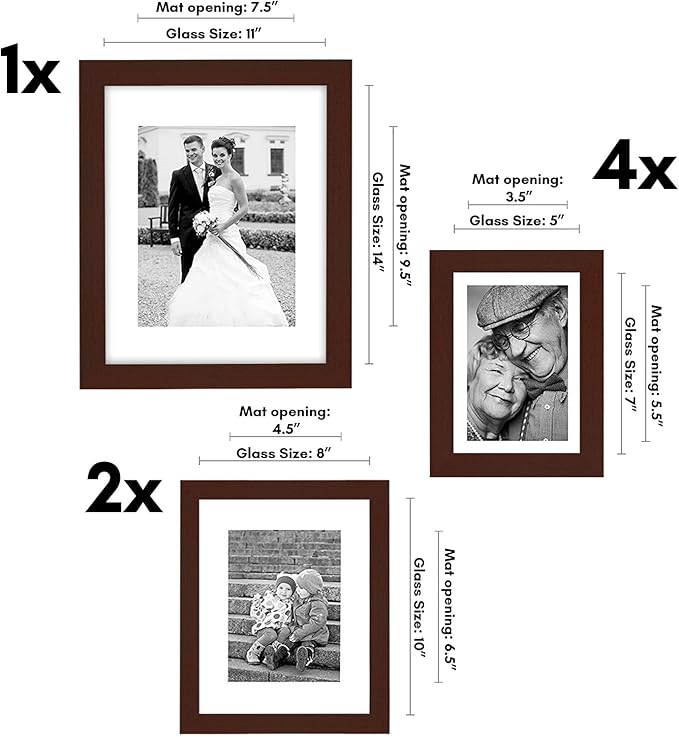 Americanflat Set of 7 Picture Frames with Shatter-Resistant Glass - Gallery Wall Frame Set with One 11x14, Two 8x10 and Four 5x7 Frames - Signature Collection - Mahogany