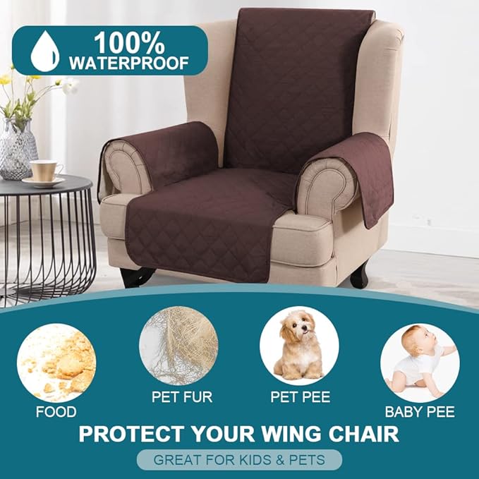 Turquoize 100% Waterproof Wing Chair Cover Wing Armchair Slipcovers Chair Couch Protector Triple Non-Slip Sofa Slipcover for Wing Chair Furniture Protector for Pets, Kids,Dog (Wing Chair, Brown)