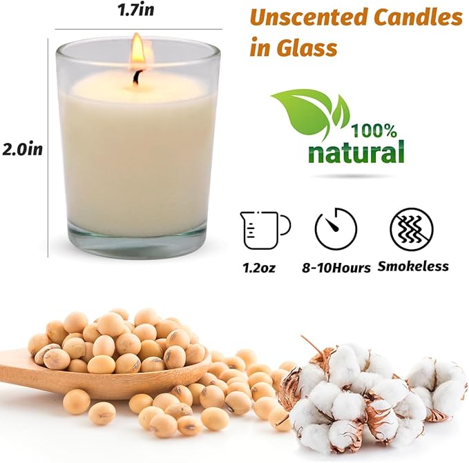 30 Packs Unscented White Votive Candles in Glass, Small 1.2oz Natural Soy Wax Candles for Christmas Wedding Party Table Home Spa Holidays Decoration