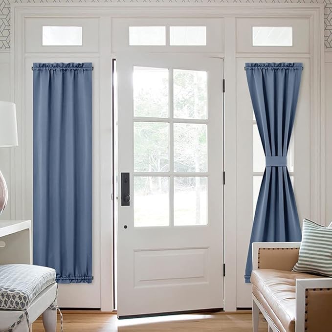 NICETOWN Small Door Window Curtain - Thermal Insulated Rod Pocket Privacy Enhancing Blackout Sidelight Patio Door Curtain Panel with Tie-Back, 25W by 72L inches, Stone Blue, 1 Panel