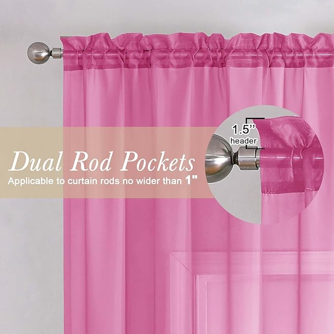 Lecloud Hot Pink Sheer Curtains 72 Inches Long 2 Panels, Solid Voile Light Filtering Living Room Curtains for Bedroom, Rod Pockets Window Treatment Transparent Airy Drapes, Each Panel 42" W x 72" L