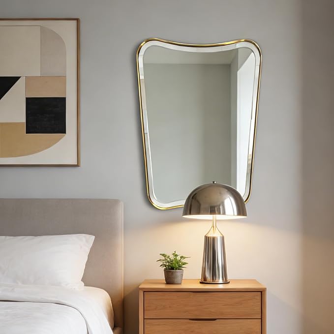 POZINO Irregular Beveled Mirror, 24"x36" Modern Bathroom Vanity Mirror, Brushed Gold Aesthetic Mirrors with Stainless Steel Frame, Butterfly Shape Wall Mirrors for Bedroom Living Room Entryway