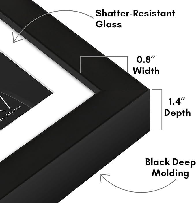 Americanflat 5x7 Picture Frame with Shatter-Resistant Glass - Use as 4x6 Frame with Mat or Display 5x7 Photo Without Mat - Soho Collection - Deep Molding Picture Frames for Tabletop or Wall - Black