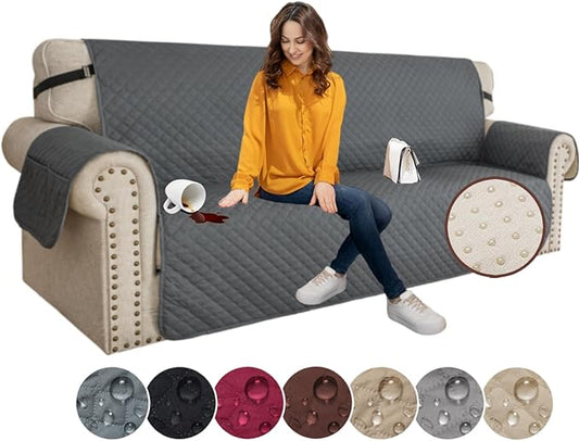 XINEAGE Oversized Sofa Cover Waterproof Couch Covers for 3 Cushion Couch, Soft Washable Slipcover with Pockets & Non-Slip Elastic Straps, Thick Furniture Protector (XL-Sofa, Dark Grey)