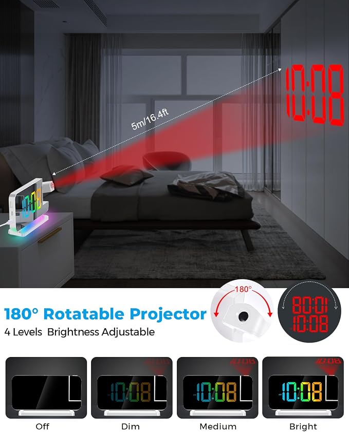 SZELAM Projection Alarm Clock,7.4" LED Mirror Digital Clocks Large Display,with 180° Rotatable Projector,RGB Night Light,USB C Port,Auto Dimming,Modern Desk Clock for Bedroom Decor - White - Image 3