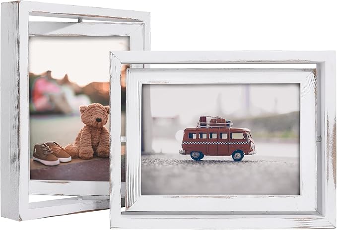 Egofine 2 Pack 5x7 Rotating Floating Picture Frames,Double-Sided Display with HD Glass Front Wooden Distressed Frame for Vertical or Horizontal Tabletop Display, White