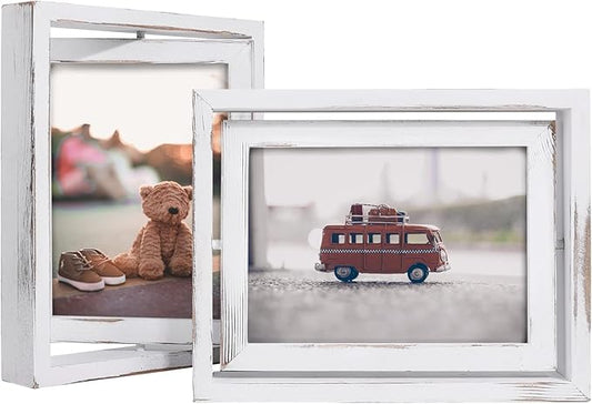 Egofine 2 Pack 5x7 Rotating Floating Picture Frames,Double-Sided Display with HD Glass Front Wooden Distressed Frame for Vertical or Horizontal Tabletop Display, White