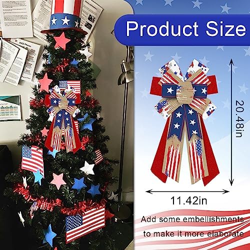 Large Patriotic Wreath Bows Labor Day Decor Bows for Wreath American Flag Blue Stars Burlap Patriotic Bows for Front Door Veterans Day Indoor Outdoor Wall Tree Topper Party Decoration Supplies - Image 2
