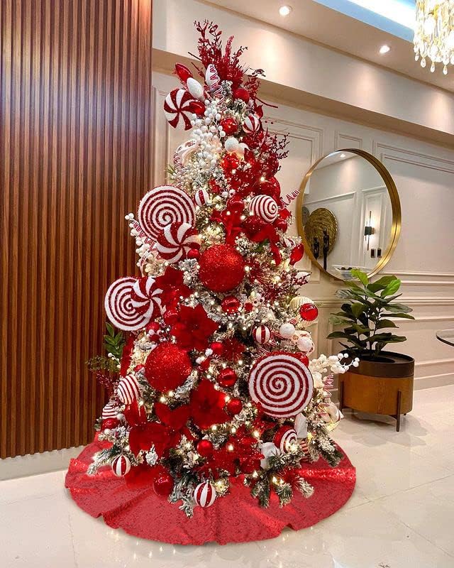 Christmas Tree Skirt 48 Inches Red Tree Skirt Glitter Sequin Tree Skirt for Winter Party Red Christmas Decorations - Image 3