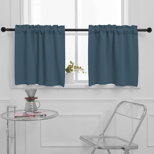 Pickluc Blackout Kitchen Curtain 20 Inches Long, Rod Pocket Cafe Tier Curtains for Small Window Treatment in Living Room, Basement, RVs, Cabinets, 2 Panels, W24 X L20 Inch, Stone Blue