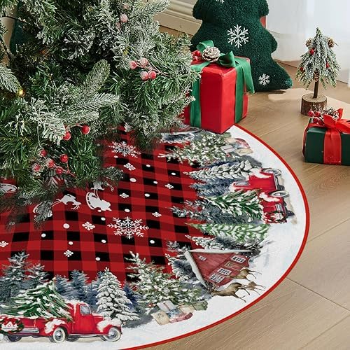 Red Buffalo Plaid with Truck Christmas Tree Skirt 36 Inches - Image 2