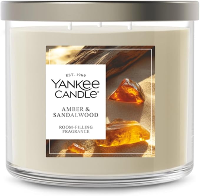 Yankee Candle Amber & Sandalwood, Fall Scented Candle, 14.5oz 3-Wick Candle Jar with up to 40 Hours Burn Time