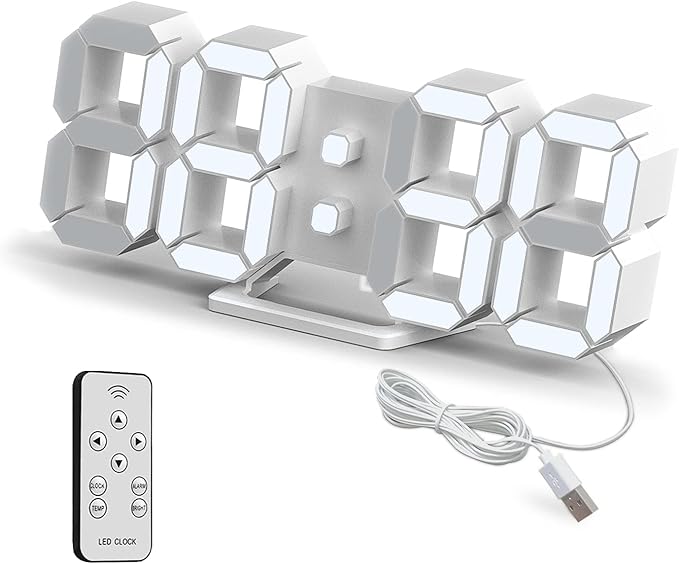 Deeyaple LED Clock, 3D Digital Wall & Desk Alarm Clock with Snooze, Dimmable Display, Time Memory, 12/24H Date & Temperature, Remote Control Night Light for Bedroom, Office, Kitchen, Home (White)