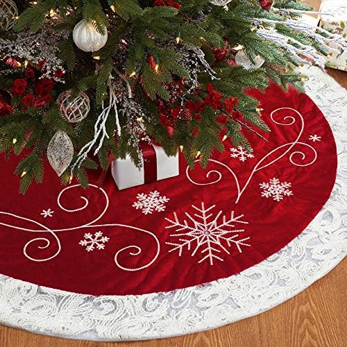 Red Christmas Tree Skirt 32 Inches Snow Sequin Embroidery with White Trim Border Decor for Xmas Holiday Party Ornaments by XAMSHOR