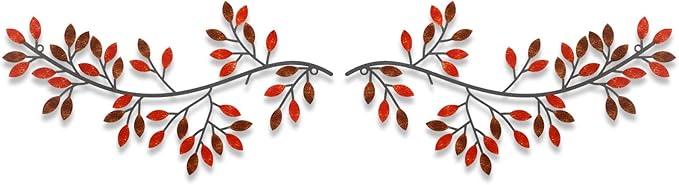 Hotop 2 Pieces Metal Tree Leaf Wall Decor Vine Olive Branch Leaf Wall Art Wrought Iron Scroll Sculptures Above the Bed, Living Room, Outdoor Decoration(Classic Style,Rusty Color)