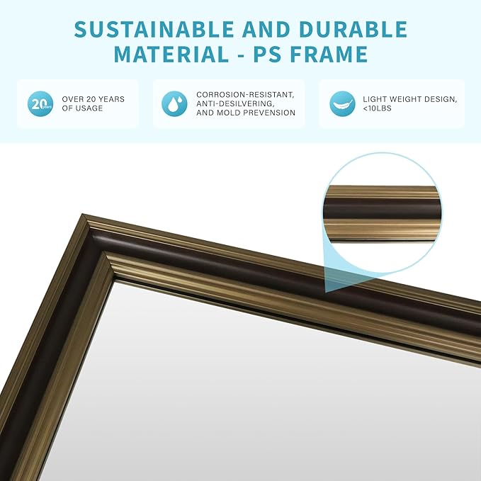 Retro Copper Effect Framed Wall Mirror, 30x48 Rectangle Mirror, Anti-desilvering Tempered Glass, Sustainable& Sturdy Frame, Farmhouse Mirror, Anti-Rust, 3min Fast Setup for Bathroom Living Room