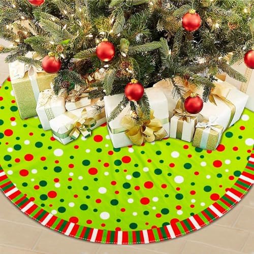 Christmas Tree Skirt 48 Inches, Velvet Stripes Trimmed Tree Skirt with Red Green White Polka Dots Design for Holiday Party Decor - Image 6