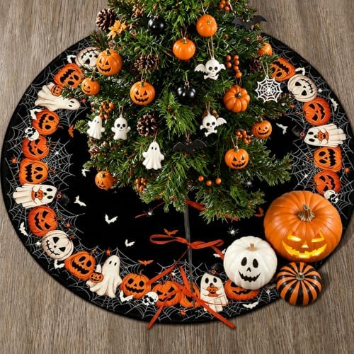 48 Inch Halloween Tree Skirt Mat Short Plush Pumpkin Spider Web Tree Skirts for Indoor Outdoor Halloween Tree Decoration - Image 2