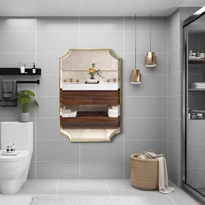 POZINO Rectangle Beveled Mirror, 24"x36" Brushed Gold Bathroom Vanity Mirror with Stainless Steel Frame, Aesthetic Wall Mirrors for Living Room Bedroom Hallway Entryway, Horizontal or Vertical Hanging