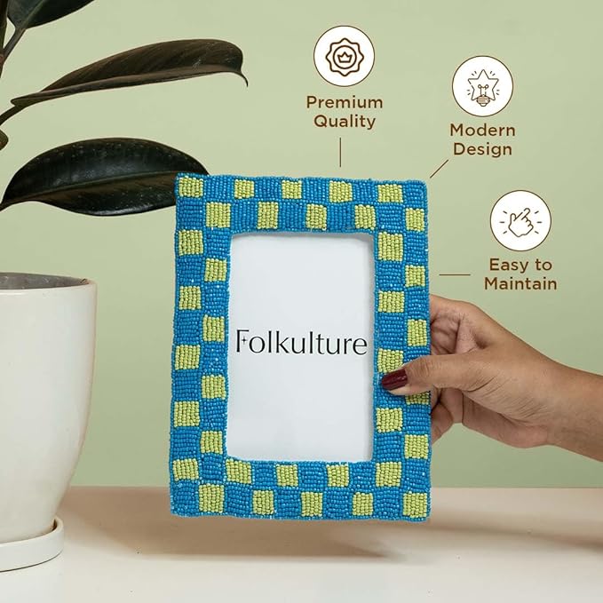 Folkulture Beaded Picture Frame for Wall or Tabletop | Candid 4x6 Aesthetic, Cute, Boho Unique Style Photo Frame with Plexiglass | Vertical & Horizontal Display | Handmade Housewarming Gifts
