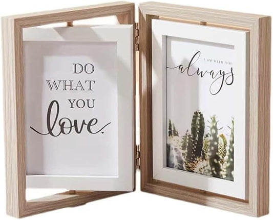 Wooden Hinged Double floating rotating Picture Frame for Photos, 4 * 6 5 * 7 vertical photo Natural Finish (wood color, 4 * 6in)
