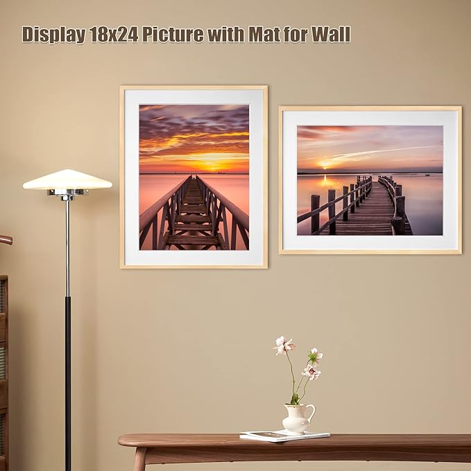 Egofine 22x28 Solid Wood Poster Frames Matted for 18x24 Set of 2 Natural Wood - with Acrylic Plexiglass Front, Hanging Picture Frames Vertically or Horizontally