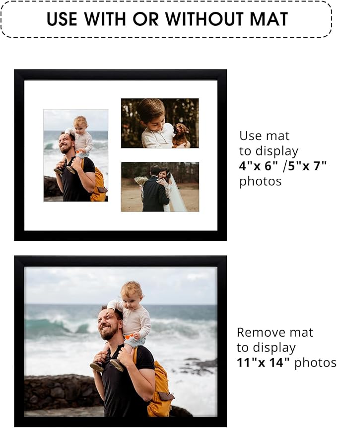 Golden State Art, 11x14 Black Wood Picture Frame - White Mat for 5x7 and 4x6 Photos - Real Glass, Sawtooth Hanger, Swivel Tabs - Wall Mounting - Great for Posters, Weddings, and Engagements