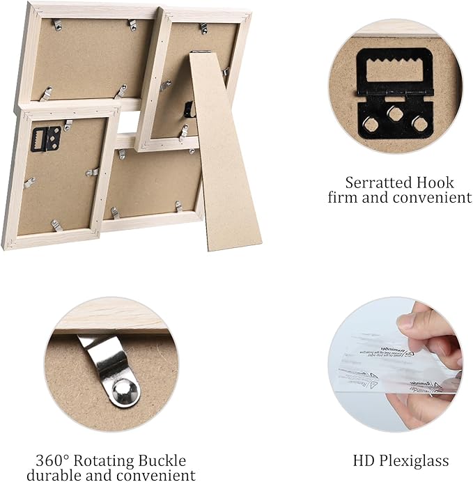 Egofine 4x6 Collage Picture Frames, Made of Solid Wood, Family Picture Frame Display Four 4x6 Photos, Covered by Plexiglass for Wall Hanging and Tabletop, Natural Wood