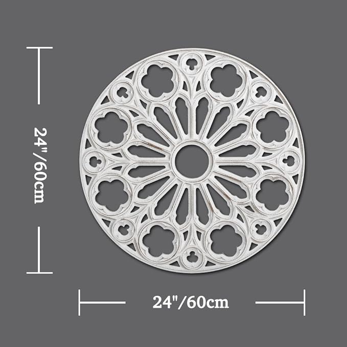 XIAOAIKA Wood Round Decorative Wall Sculpture, Hand-Carved Floral Geometric Design with Distressed White Finish, Vintage Farmhouse Boho Wall Art for Living Room Bedroom Hallway, 24 Inch