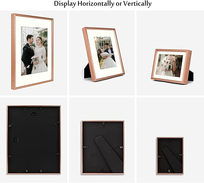 Golden State Art, Picture Frame Set 7 Pack, Gallery Wall Frame with One 11x14, Two 8x10, and Four 5x7. Aluminum Photos Frame for Wall or Tabletop Display (Style 1, Rose Gold, 7 Pack)