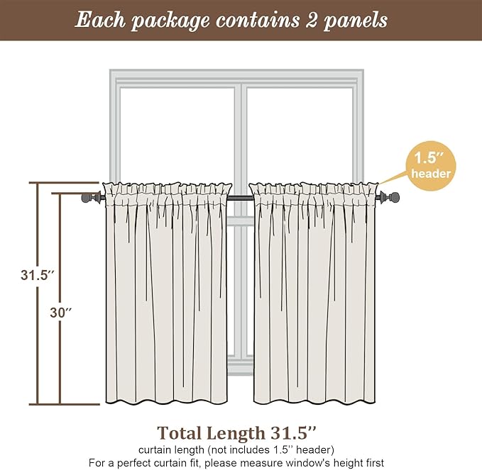 Chyhomenyc Curtains 30 Inch Length, Faux Linen Textured Small Cafe Curtains, Light Filtering Short Curtain for Bathroom Window, 30x30 Inch, 2PCS, Aqua with Greenish Tone