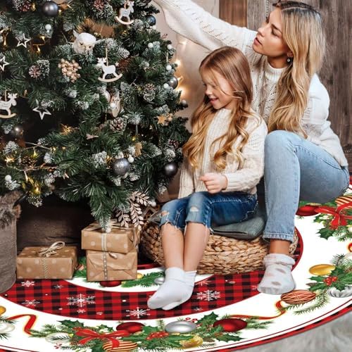 Blosssound Christmas Tree Skirt Buffalo Plaid,48 Inch,Bell,Red, Black - Image 5