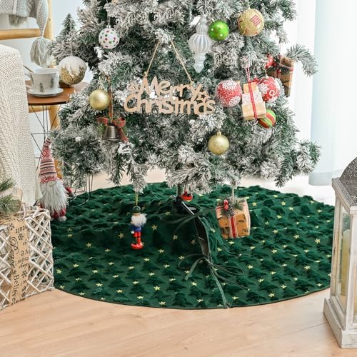 AVOIN colorlife Soft Plush Faux Fur Christmas Tree Skirt 48 Inch, Jacquard Green Xmas Star Pine Trees Winter Holiday Mat Decoration - Image 3