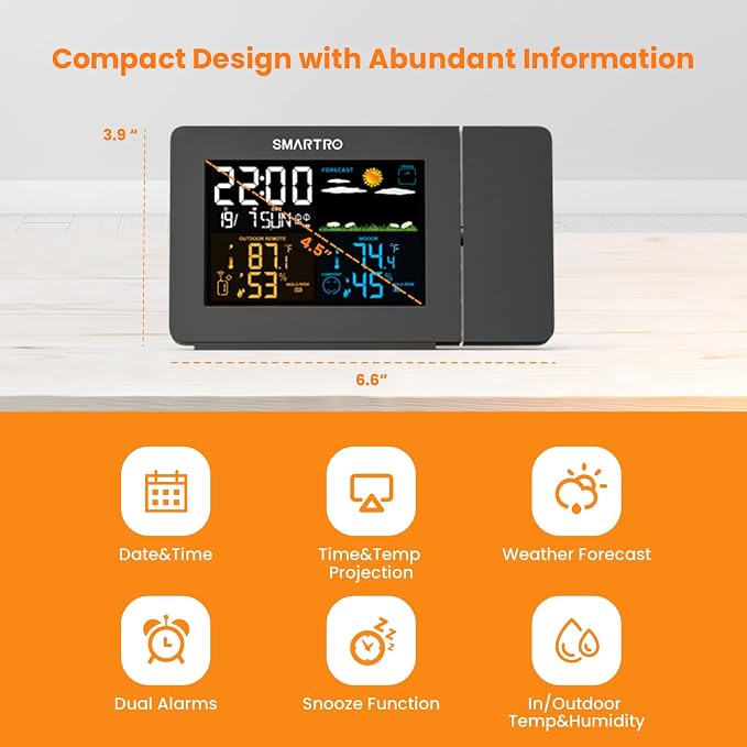SMARTRO SC91 Projection Alarm Clock for Bedrooms with Weather Station - Image 2