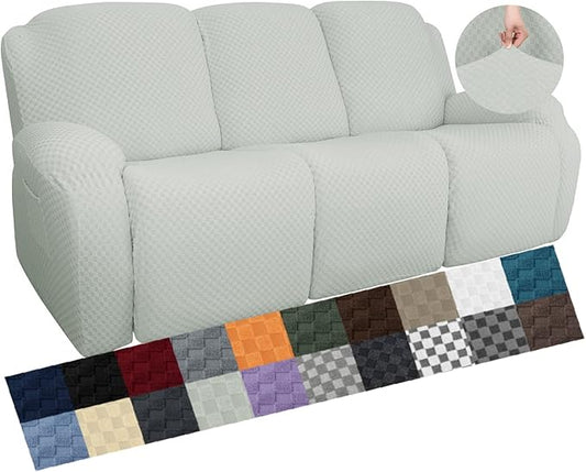 YEMYHOM 8 Pieces Stretch Recliner Sofa Cover Latest Jacquard Reclining Couch Cover with Side Pocket Anti-Slip Fitted 3 Cushion Furniture Slipcovers with Elastic Bottom (Sofa Recliner, Ivory)
