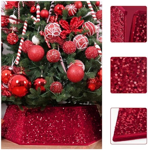 Red Christmas Tree Collars for Atificial Trees, 33.5 Inch Sparkling Sequins Christmas Skirt, Base Cover,Holiday Home Decor Ring(Large) - Image 4