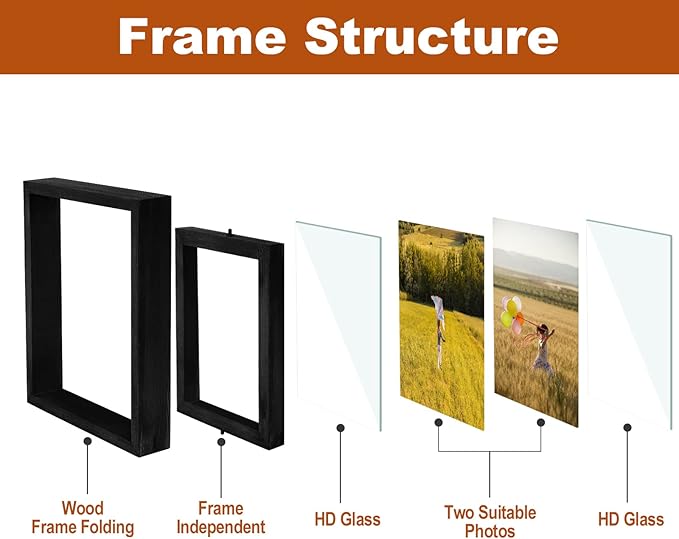 Egofine 2 Pack 5x7 Rotating Floating Picture Frames,Double-Sided Display with HD Glass Front Wooden Distressed Frame for Vertical or Horizontal Tabletop Display, Black
