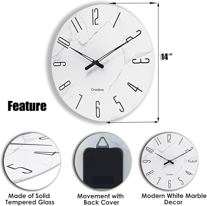 Glass Wall Clock White Marble Theme - 14" Battery Operated Silent Non-Ticking Quartz Modern Farmhouse Decor Round Clock for Home, Bathroom, Kitchen