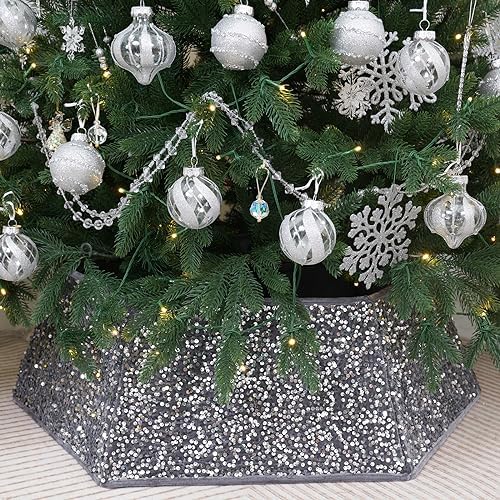 Silvergrey Christmas Tree Collar with Sparkling Sequins,Christmas Tree Collars for Atificial Trees, 33.5 Inch Christmas Tree Skirt, Xmas Tree Stand Base Cover,Holiday Home Decor Tree Ring(Large) by SunshineDecor