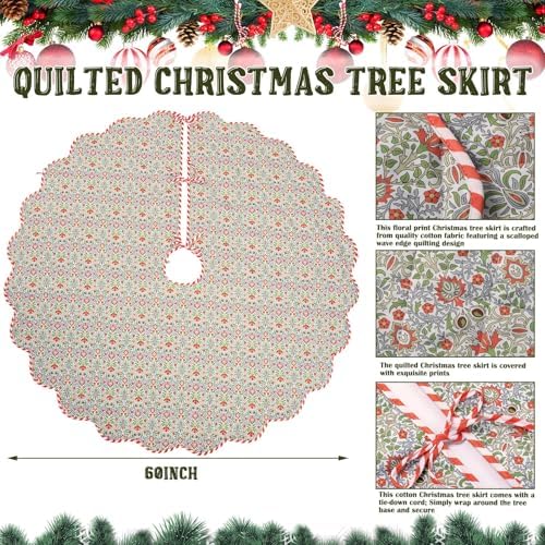 MiniInflat Quilted Christmas Tree Skirt - Vintage Floral Block Print Christmas Tree Skirt with Scalloped Edge Thicken Cotton for Home Decorations Holiday Party Gift(60 Inch,Gingham Floral,Orange) - Image 2