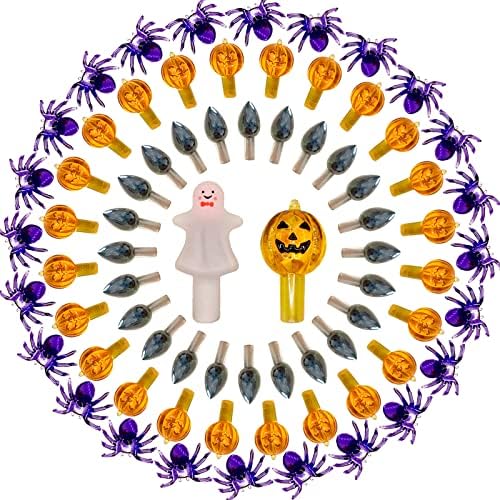 117pcs Halloween Ceramic Tree Replacement Lights Bulbs, Including Spider/Pumpkin Head/Grey Flame & 2pcs Themed Tree Tops (Including Ghost/Pumpkin King) for Decorating Holiday Trees, Etc. by KonohaELF