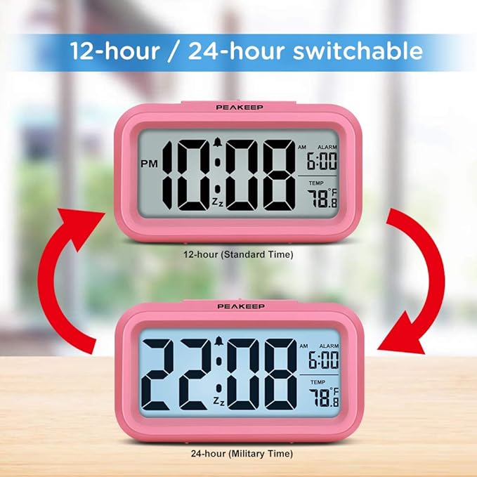 Peakeep Night Light Digital Alarm Clock Battery Operated Indoor Temperature | Small Cordless Cute Clock for Bedroom Desk Travel, Simple to Use for Teens Kids (Pink) - Image 5